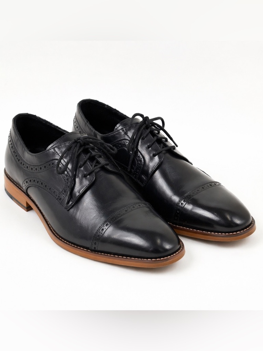 Stacy Adams Deep Navy Bkue Leather Cap-Toe Brogue Oxfords with Tan Welt